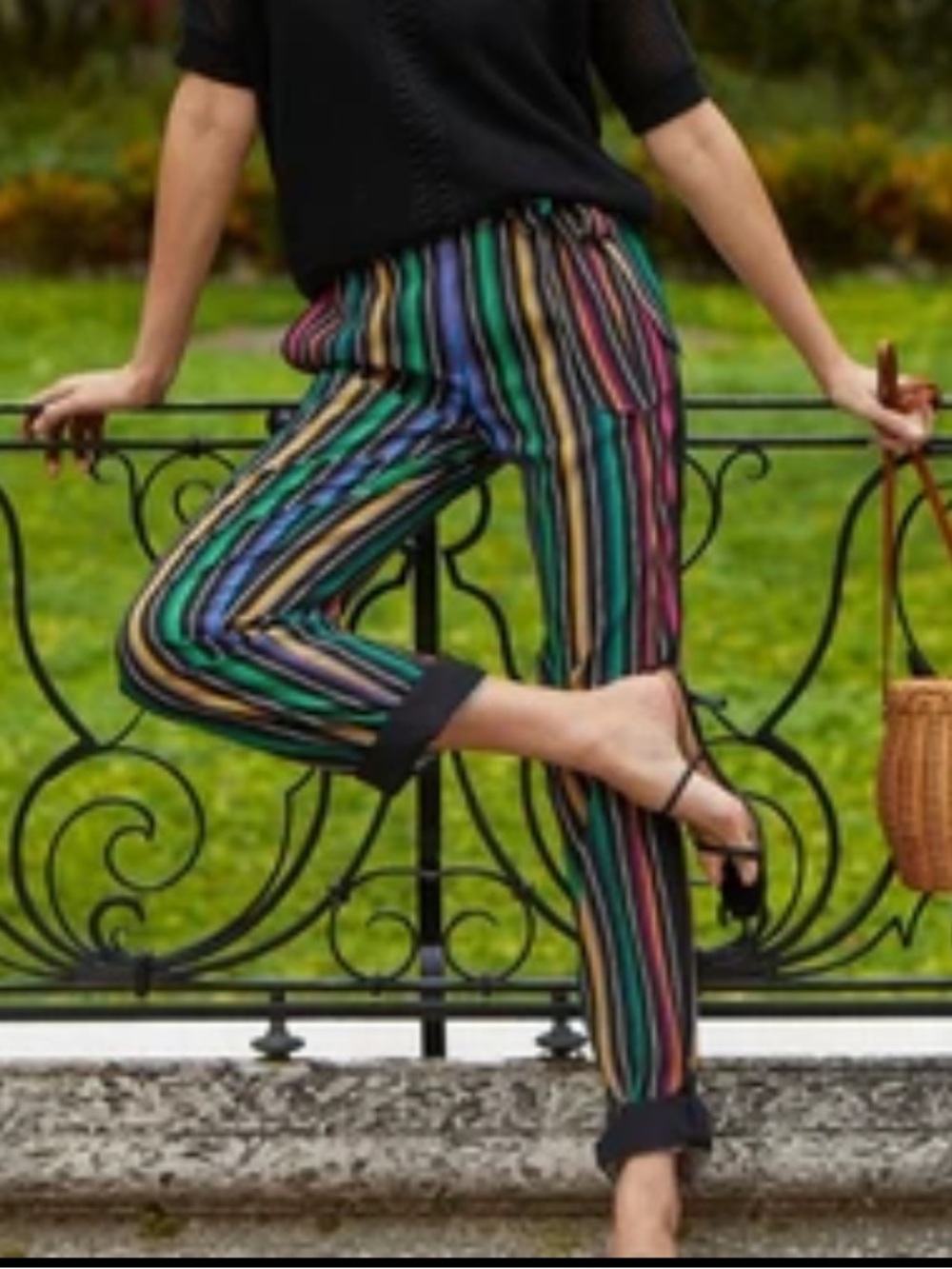 $450 PER SE CARLISLE Christy Pull on Striped Tie Waist Roll Tab Relaxed Pants 2